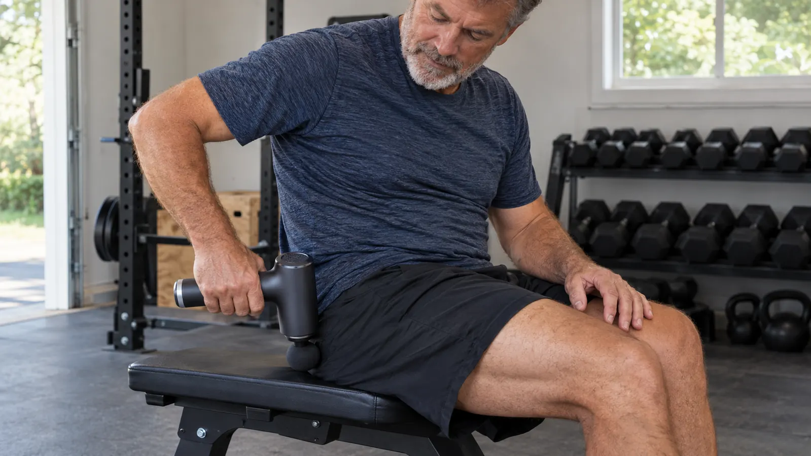 A man in his late fifties using a massage gun on the back of his thigh while sitting on a bench in a garage gym.