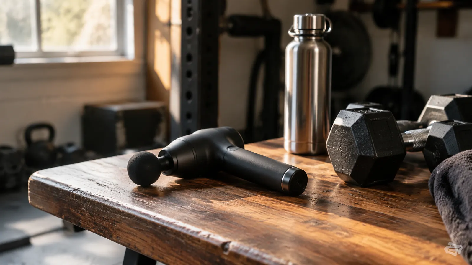 A massage gun resting on a wooden bench in a garage gym next to a water bottle and a pair of dumbbells.