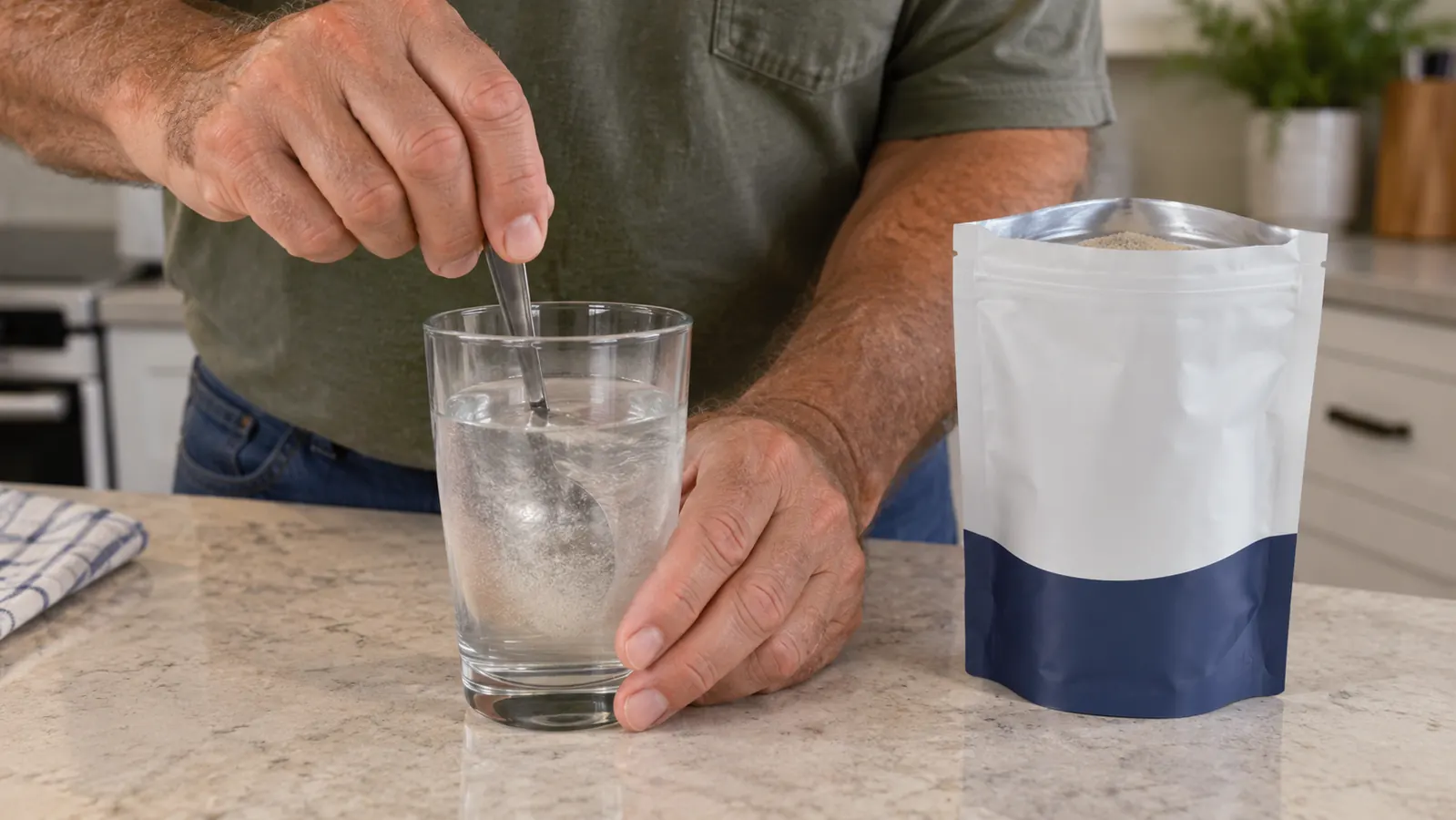 A hand stirring a scoop of powder into a glass of water on a kitchen counter