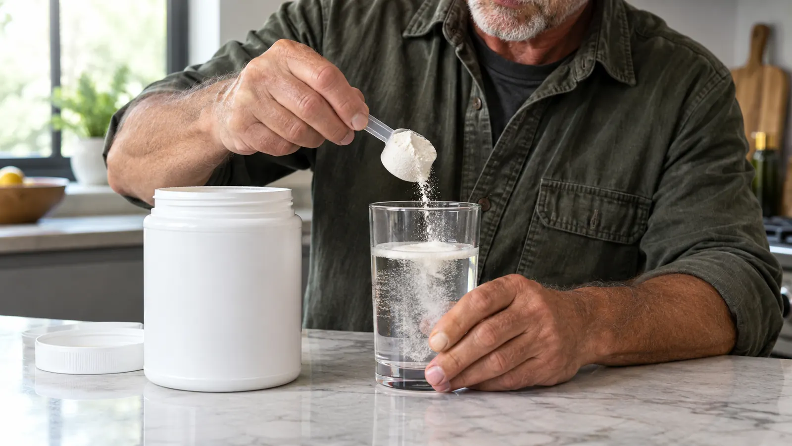 A hand scooping powder from an open tub of supplement into a glass of water on a kitchen counter