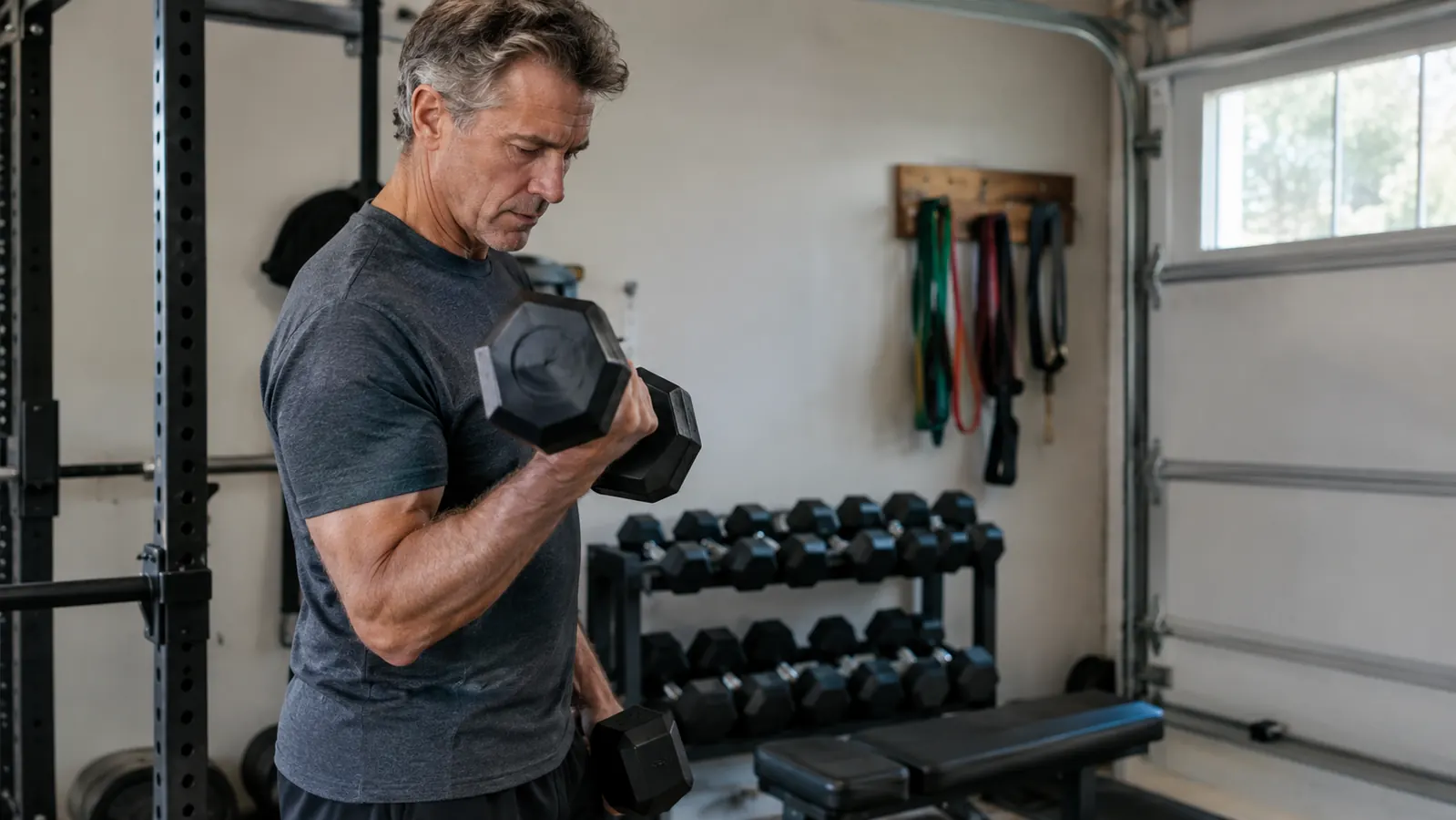 A man in his late fifties doing dumbbell curls in a garage gym, seen from the side