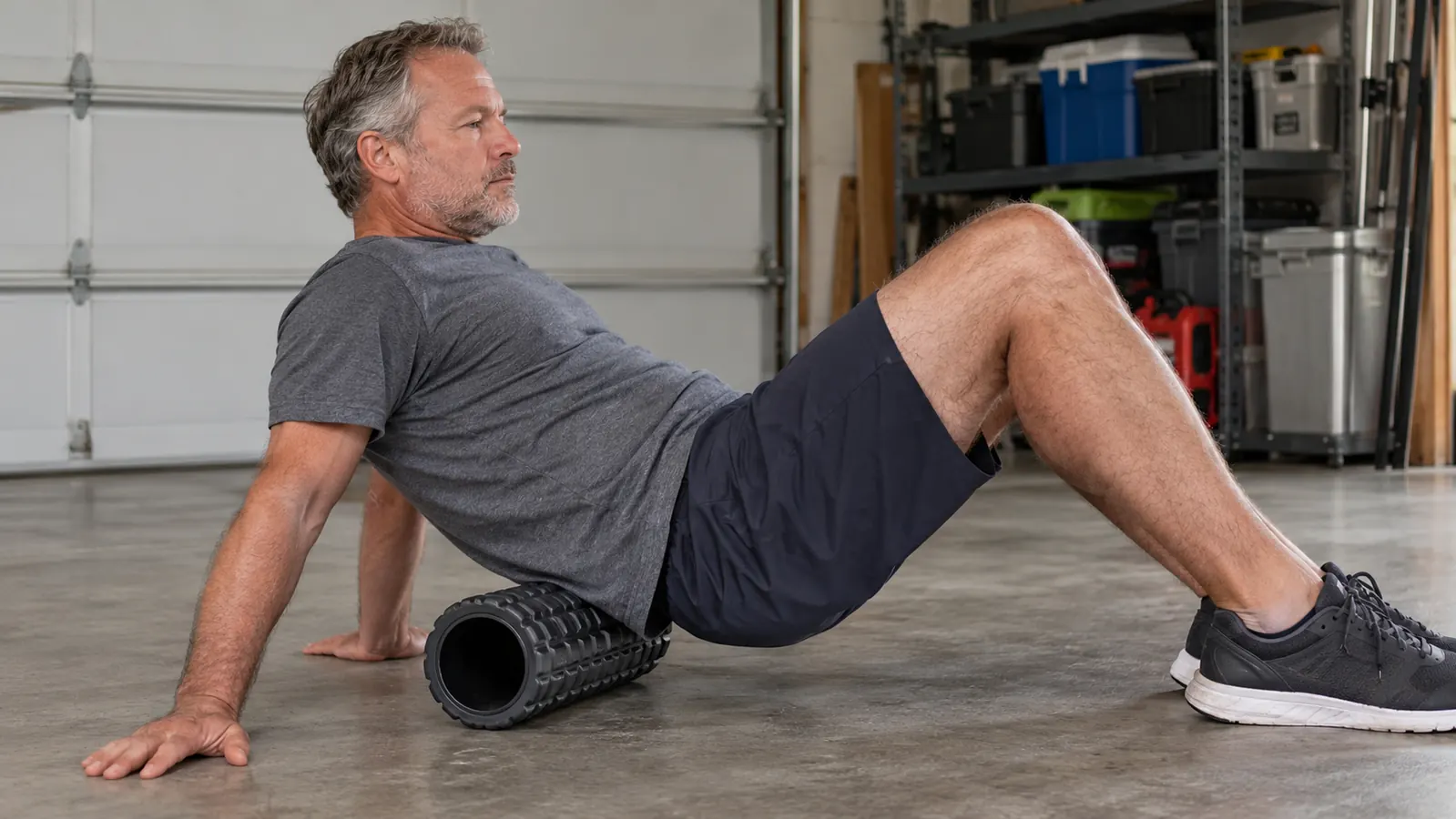 A man in his late fifties sitting on a garage floor with a foam roller under his lower back, hands on the floor for support.