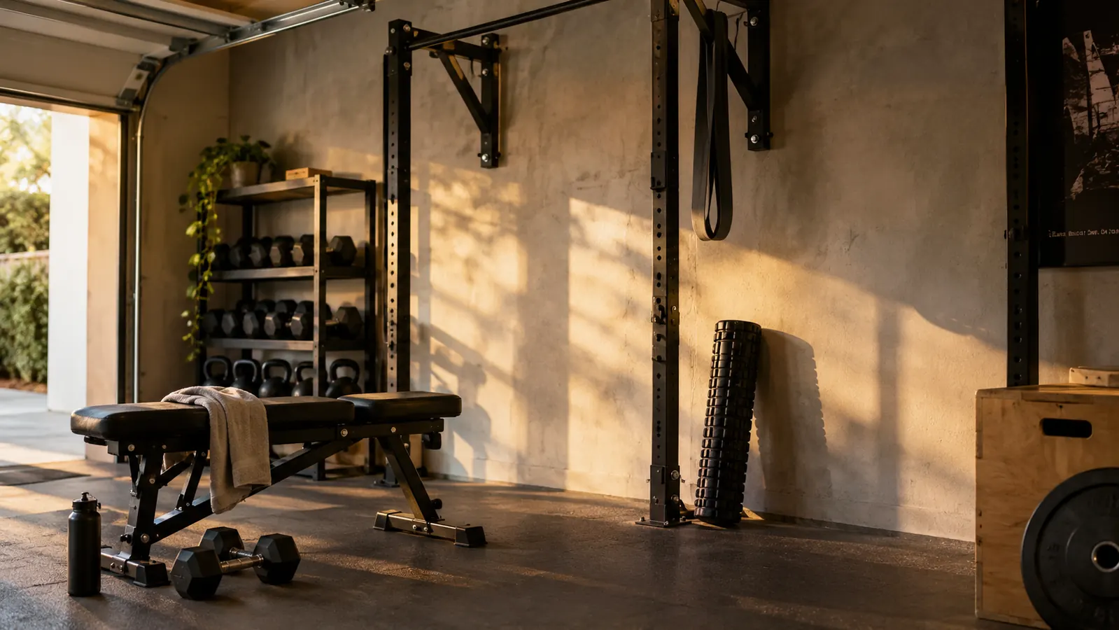 A foam roller leaning against a garage wall beneath a pull-up bar, with dumbbells on the floor nearby in late afternoon light.