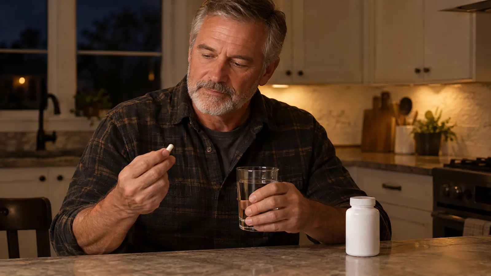 A man in his late fifties holding a supplement capsule in one hand and a glass of water in the other, in a quiet kitchen at night