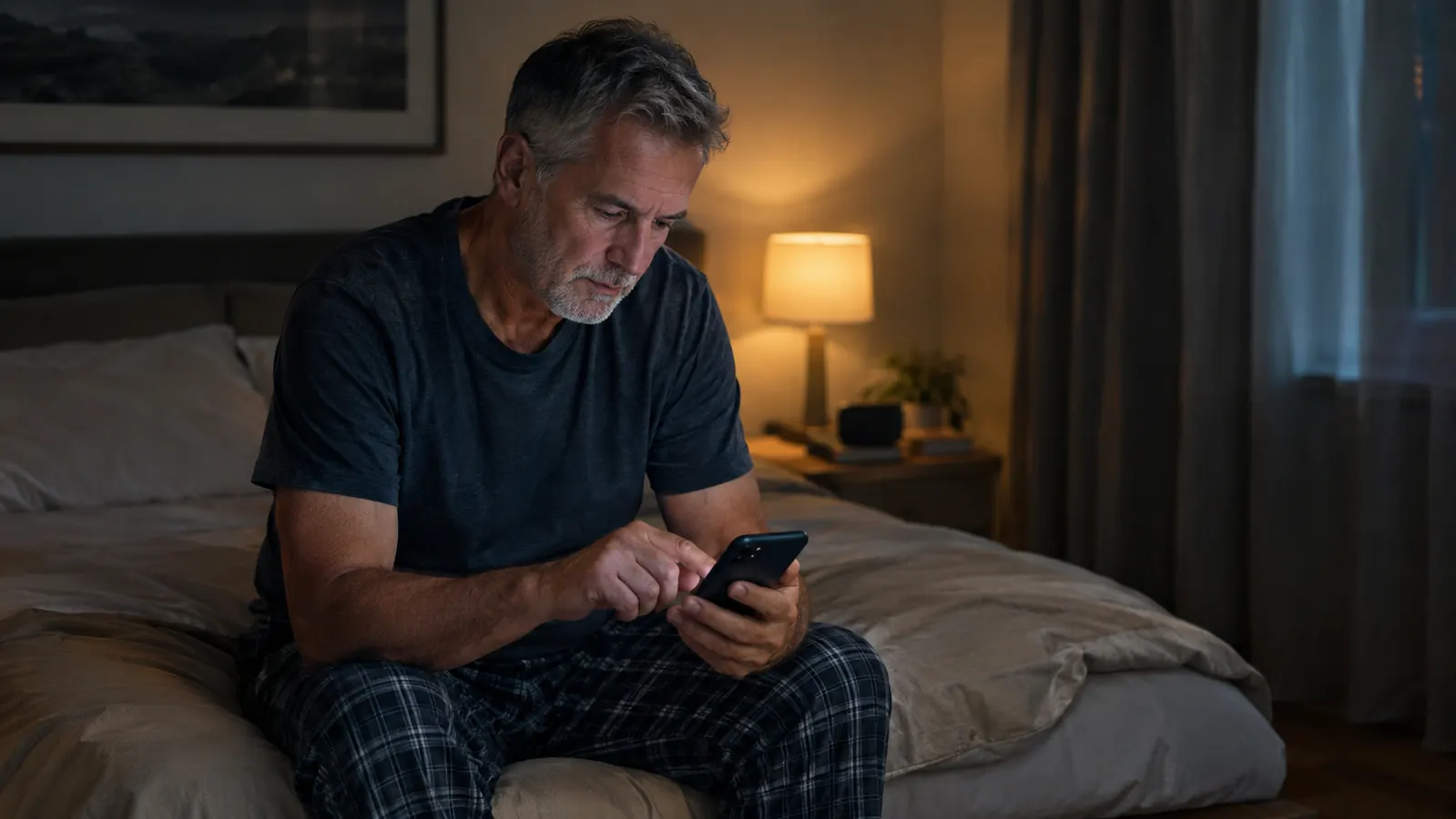 A man in his late fifties sitting on the edge of the bed in a dim bedroom, setting an alarm on his phone