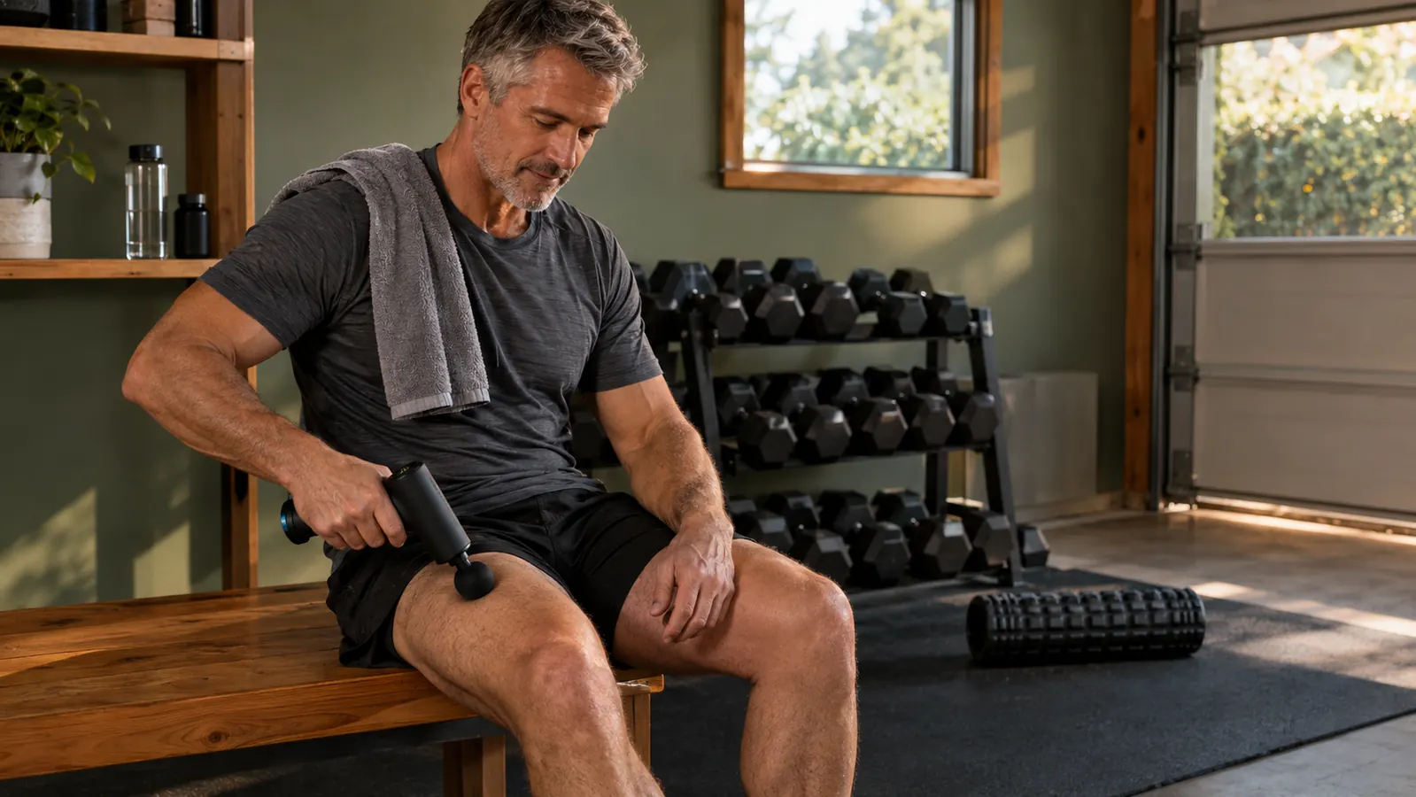 A fit man in his late fifties using a massage gun on his thigh in a home garage gym after a workout