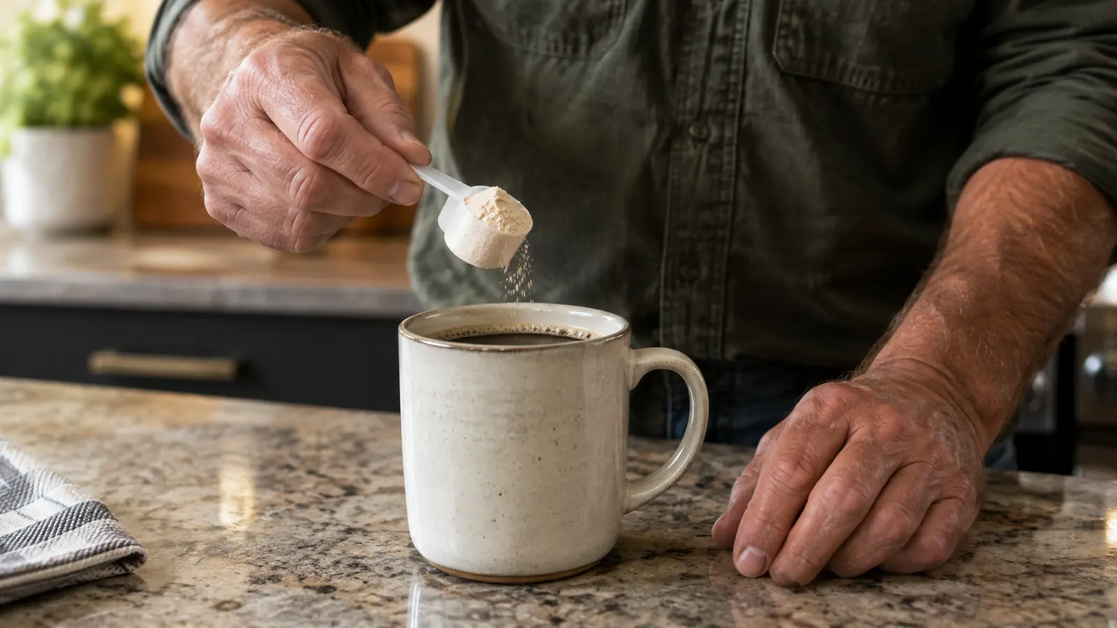 A hand holding a scoop of powder over a mug of coffee on a kitchen counter