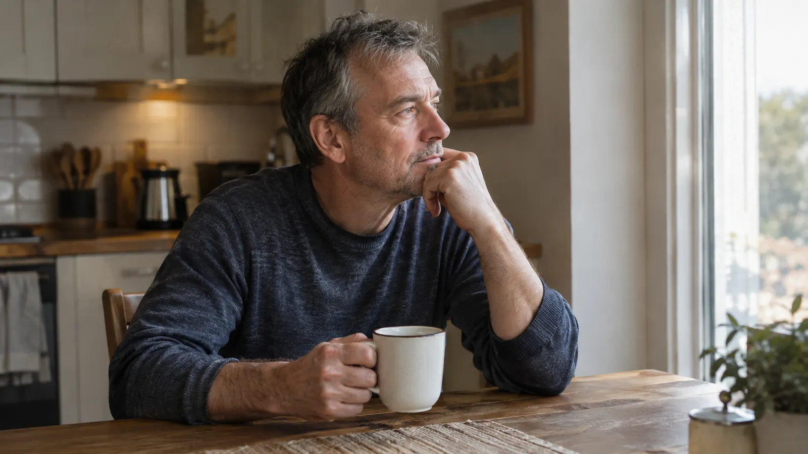 A man in his late fifties sitting at a kitchen table with a mug of coffee, looking out a window in the morning