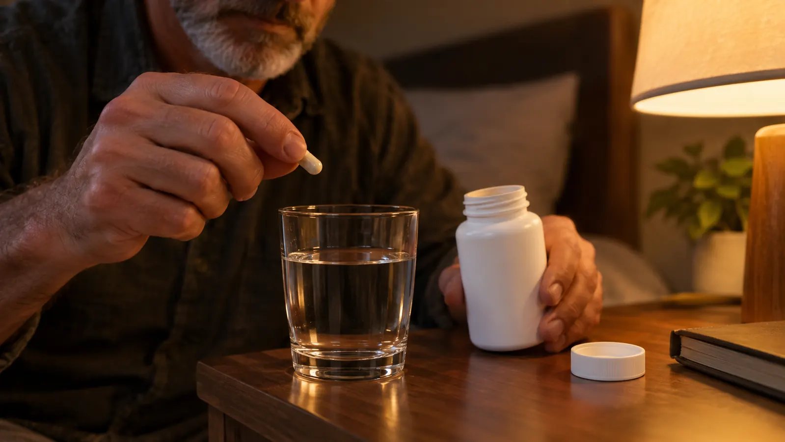 A hand holding a single capsule above a glass of water on a nightstand in low evening light