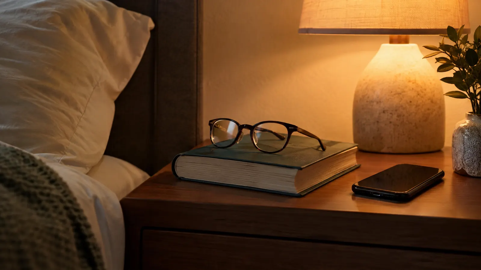 An evening scene with a book and reading glasses on a nightstand, a phone lying face down, and a lamp glowing