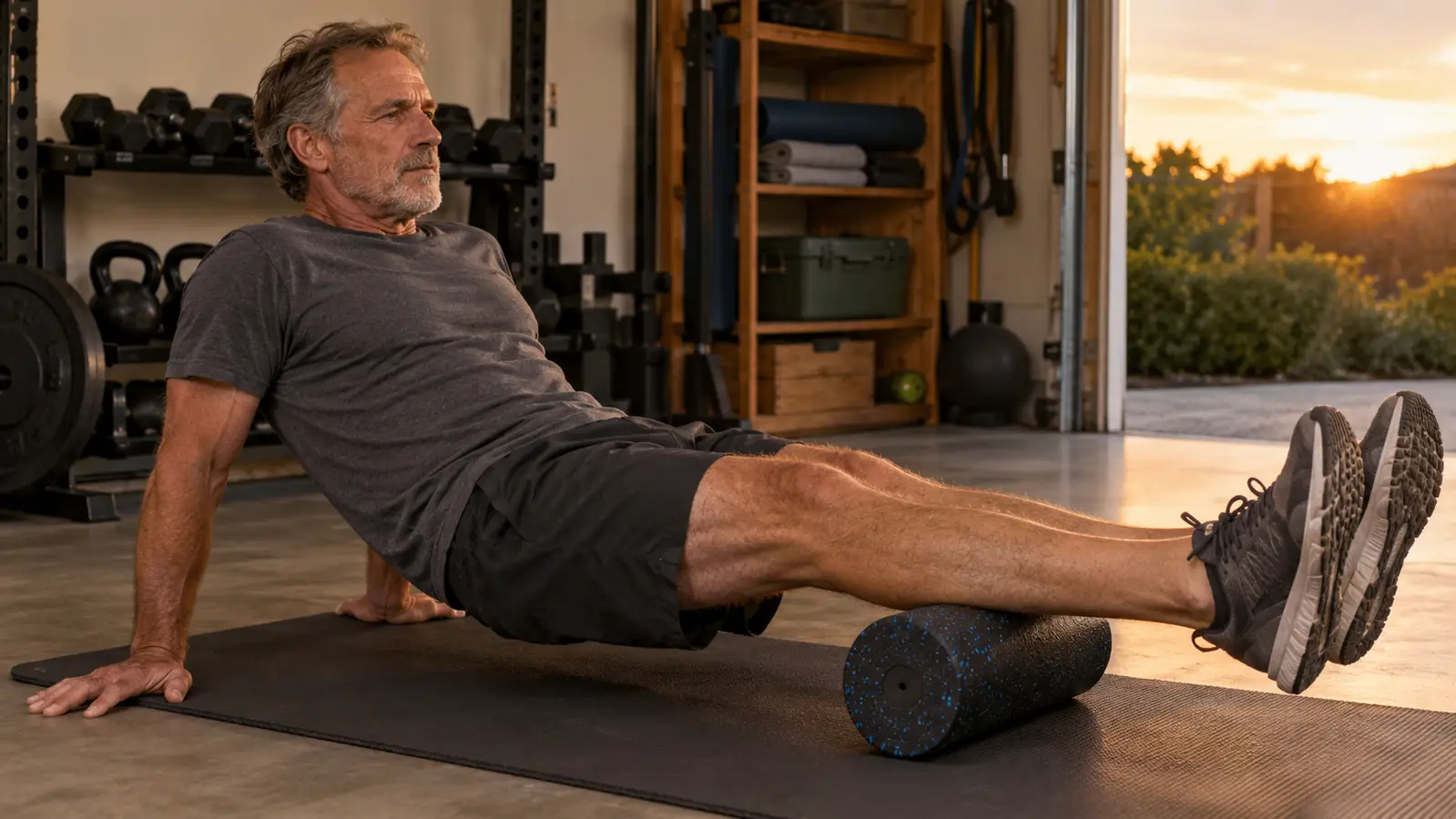 A man in his late fifties seated on a garage floor rolling the back of his calf over a foam roller, hands on the floor behind him