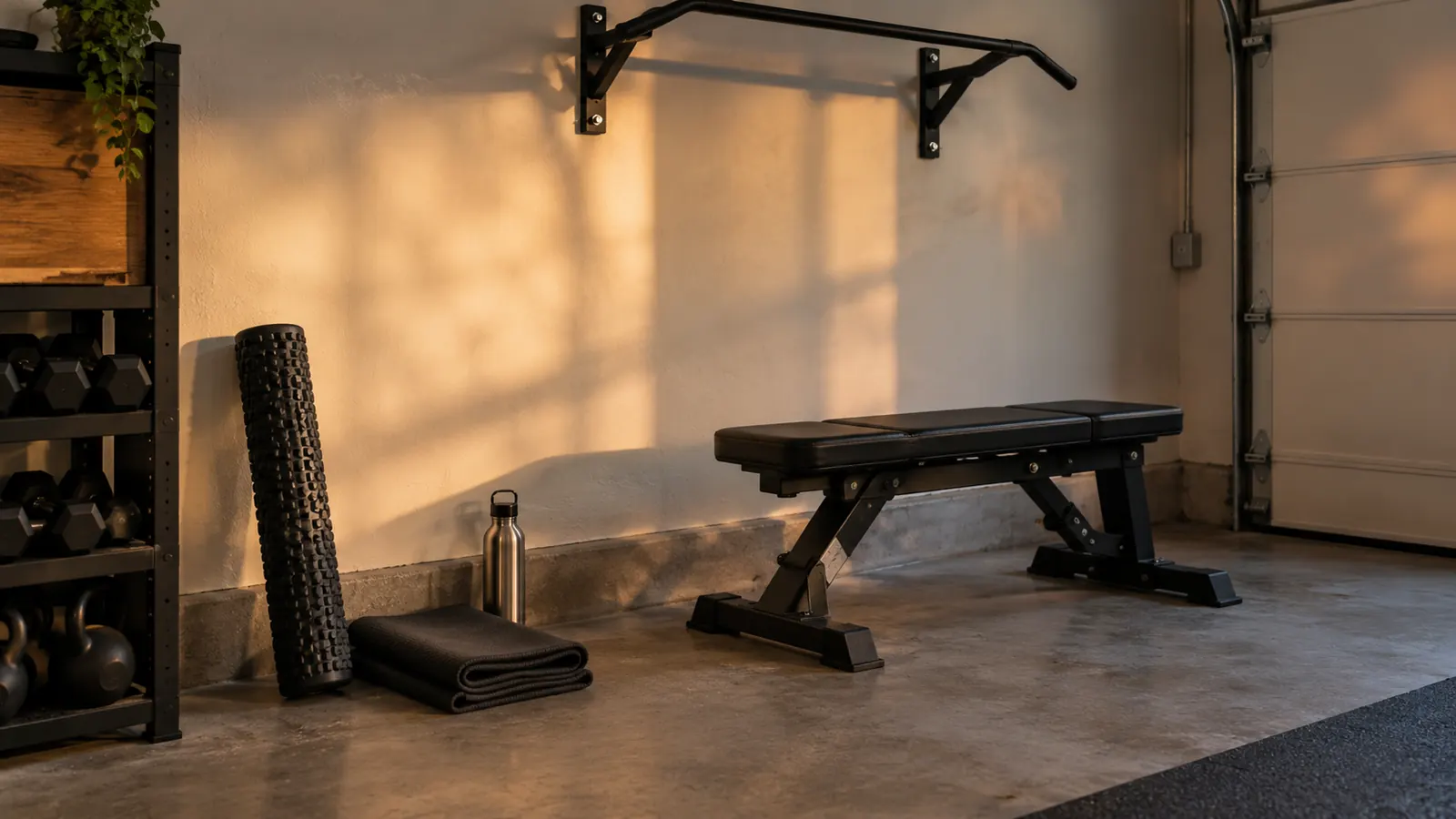 A foam roller leaning against a wall beside a weight bench in a garage gym, a folded exercise mat and a metal water bottle on the floor nearby