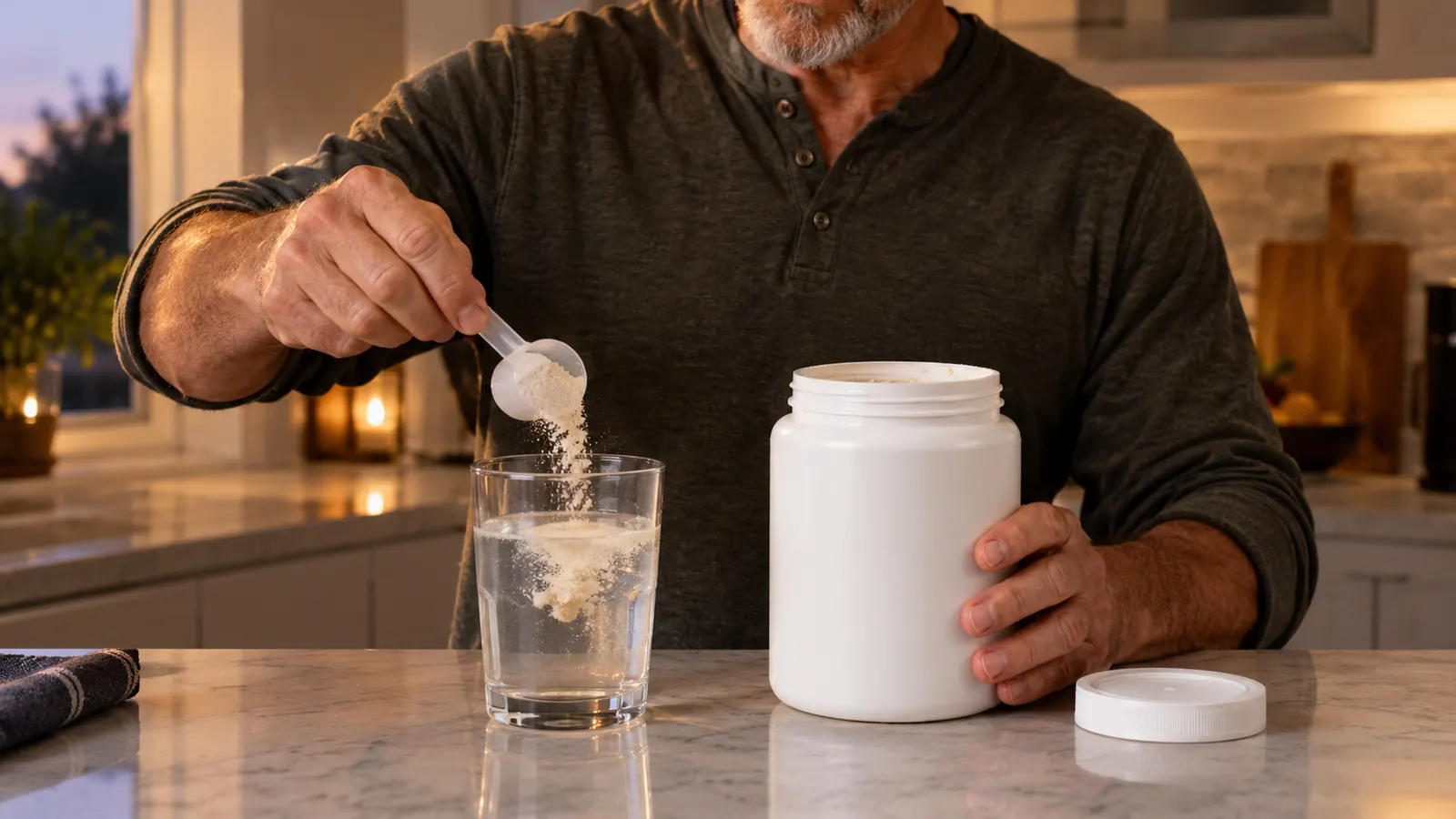 a man's hand scooping creatine powder from a tub into a glass of water on a kitchen counter
