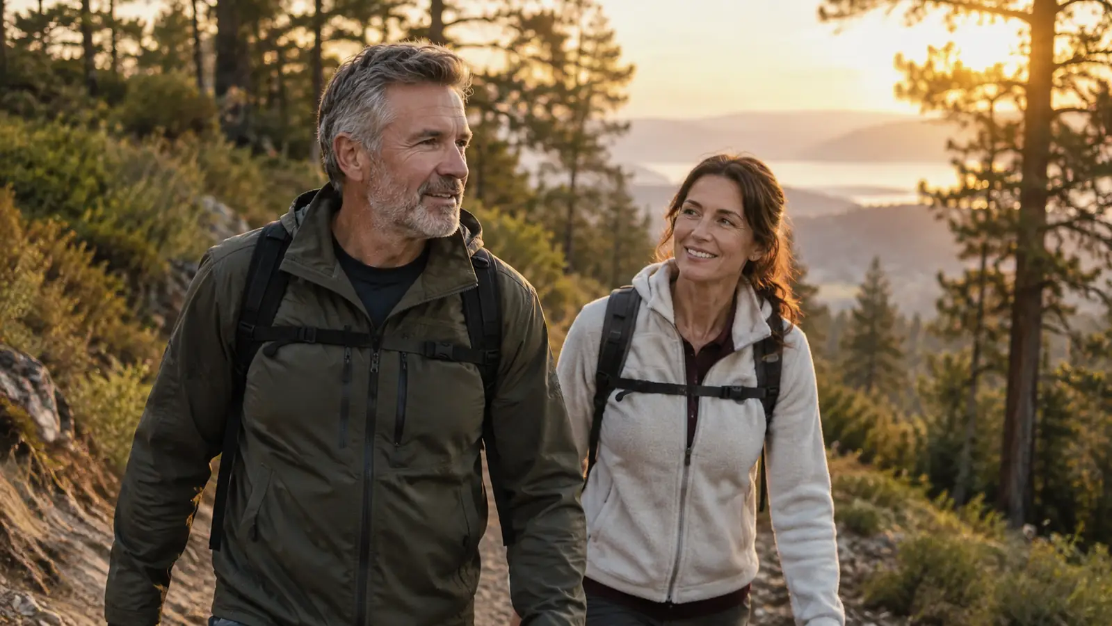 a man and a woman walking on a wooded hillside trail in the evening
