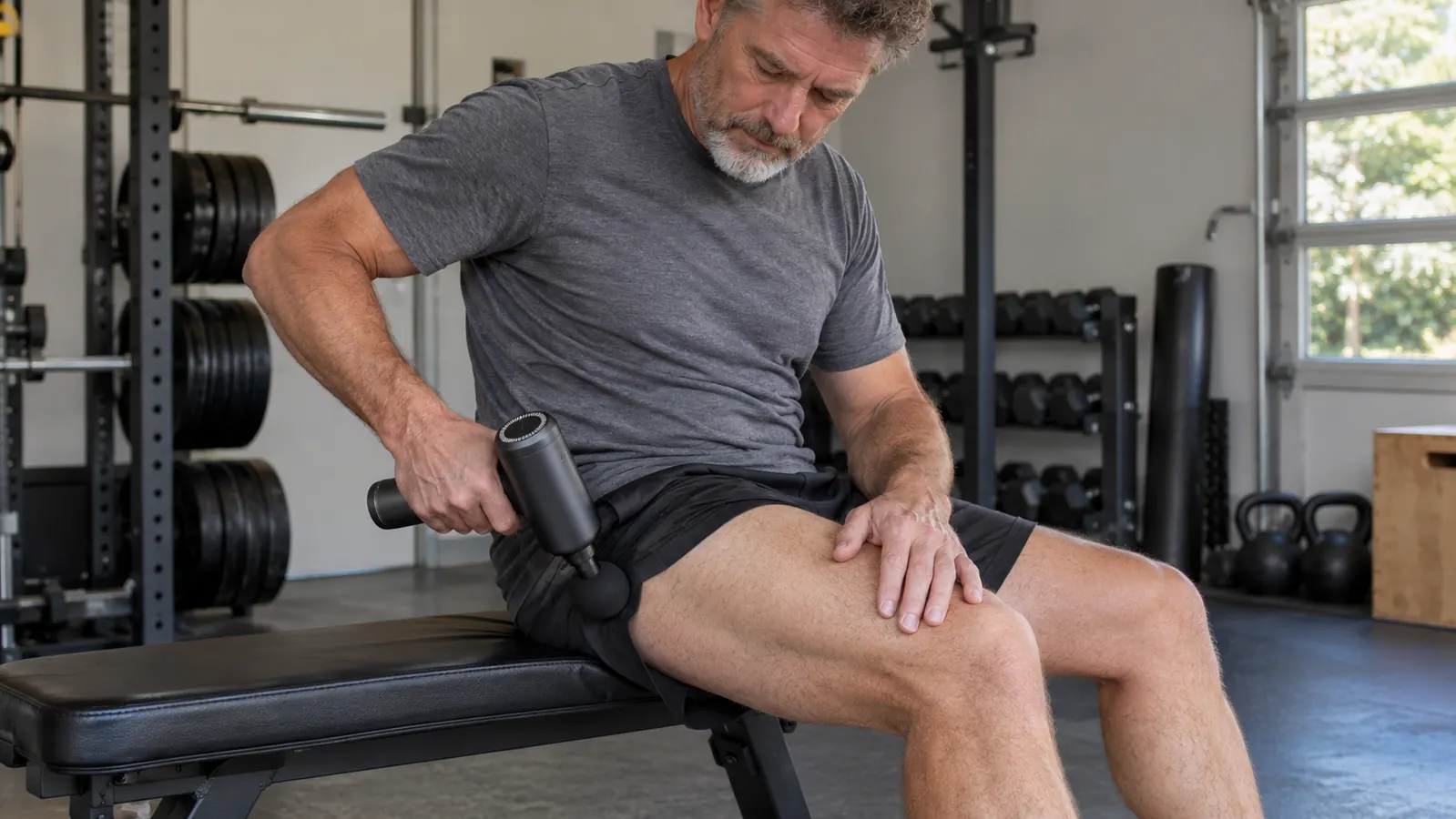 A man's hand holding a massage gun against the back of his thigh while he sits on a garage gym bench