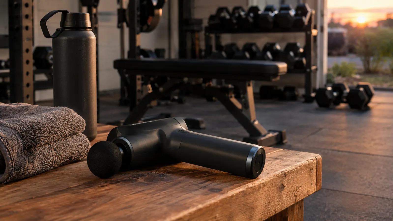 A massage gun resting on a wooden bench next to a water bottle and a folded towel in a garage gym