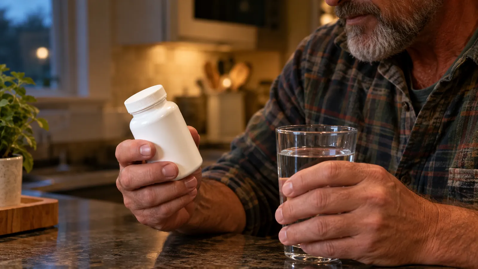 A hand holding a supplement bottle beside a glass of water on a kitchen counter in soft evening light.