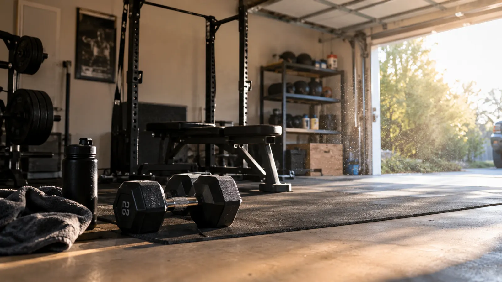 Dumbbells on a garage floor with a weight bench and pull-up bar in the background, morning light through the door.