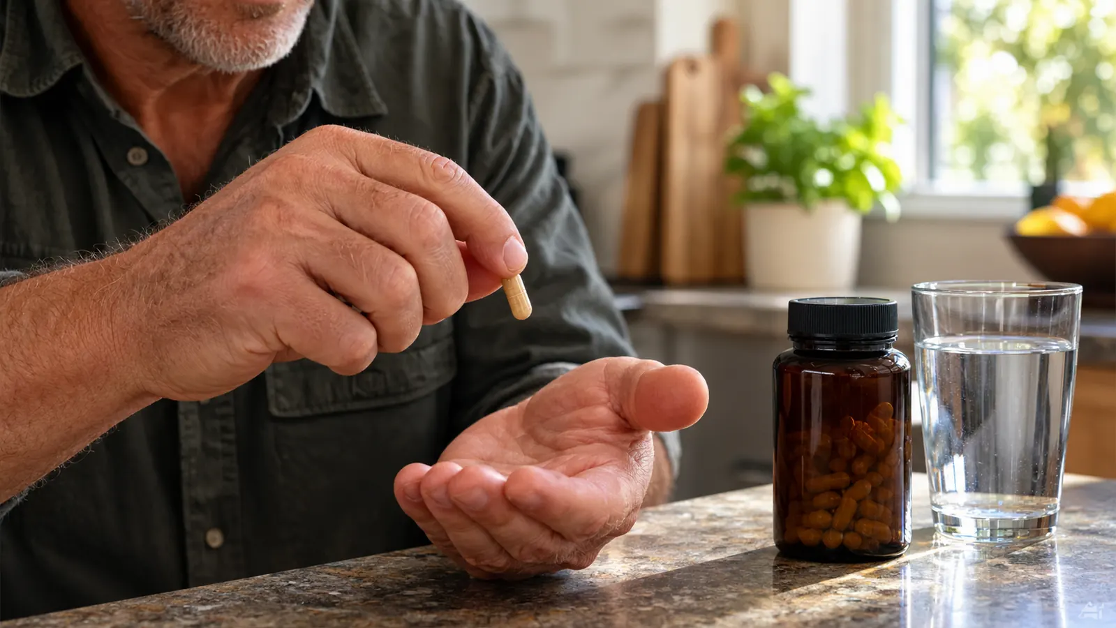 A hand holding a single supplement capsule over an open palm, a glass of water on a kitchen counter nearby
