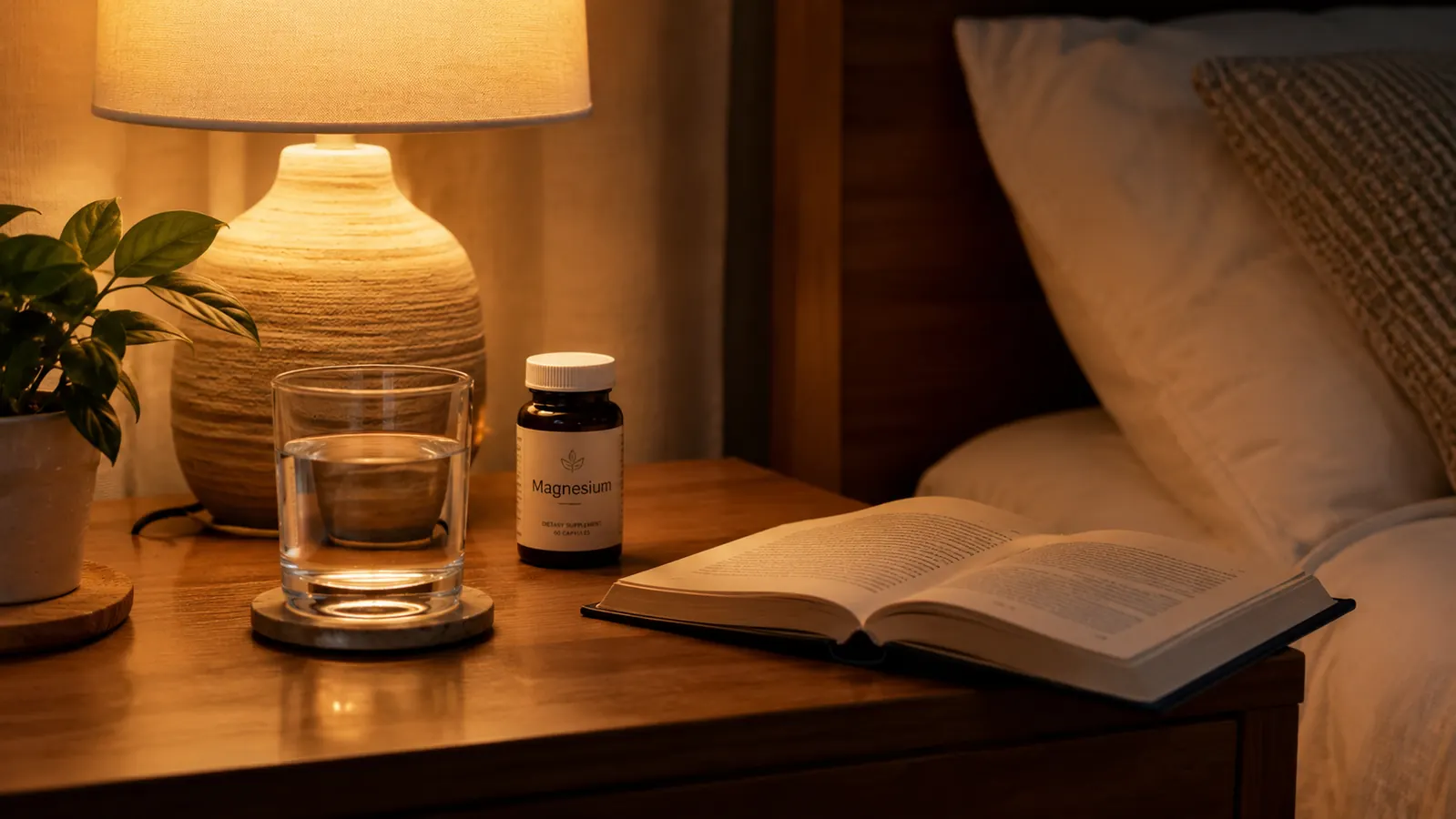 A bedside table in soft lamplight with a glass of water and a small supplement bottle next to an open book