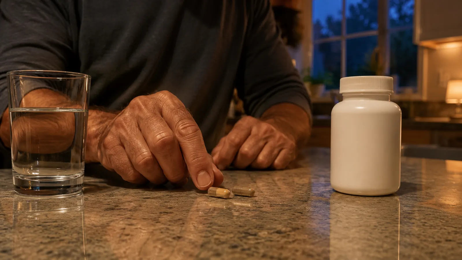 A hand placing two capsules on a kitchen counter beside a glass of water in the evening