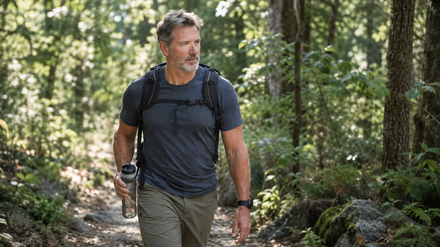 A man in his late fifties walking on a wooded trail in the morning, water bottle in hand