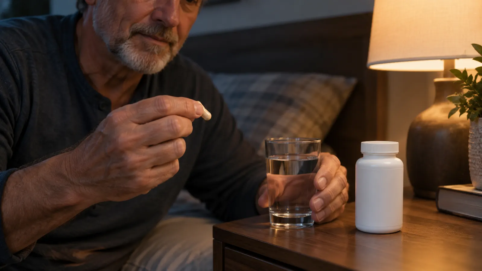 A hand holding a single supplement capsule above a glass of water on a nightstand