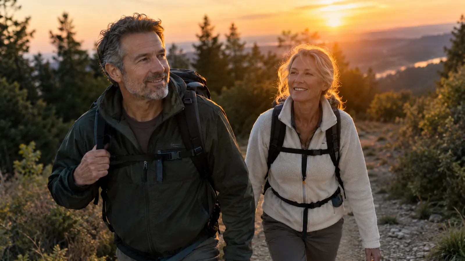 A couple in their fifties walking up a hill path at dusk