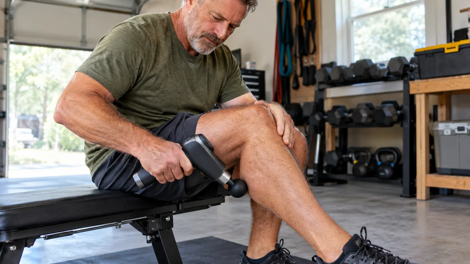 A hand holding a massage gun against a calf while a person sits on a gym bench