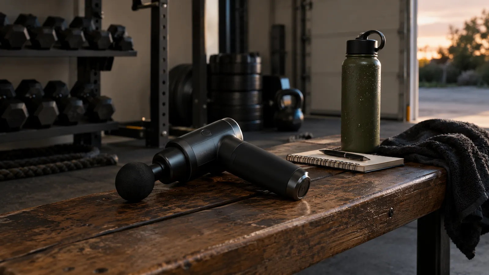 A massage gun resting on a wooden bench next to a small notebook and a water bottle in a garage