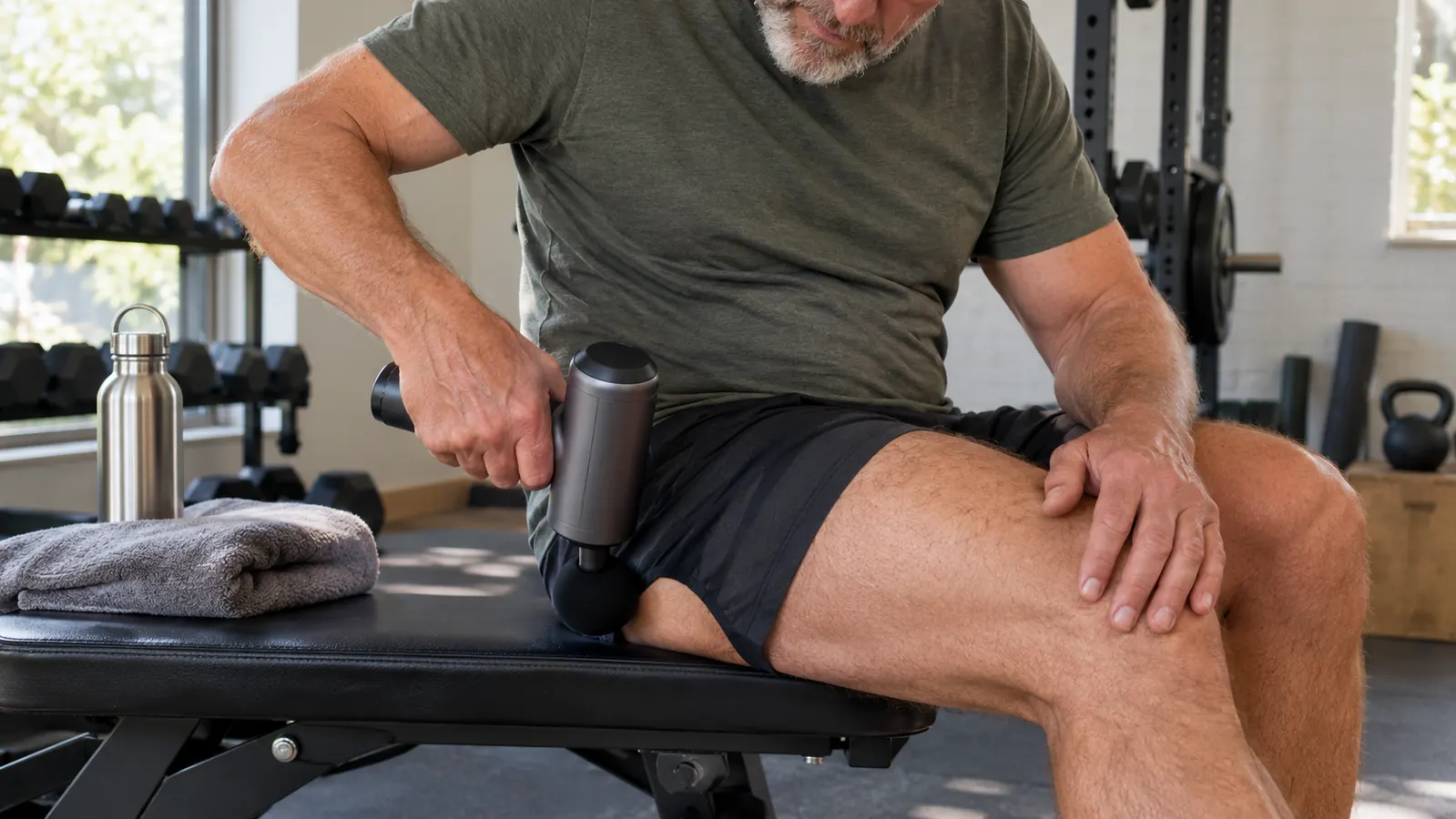 A hand holding a massage gun against the back of a leg while seated on a bench, stainless water bottle and towel nearby