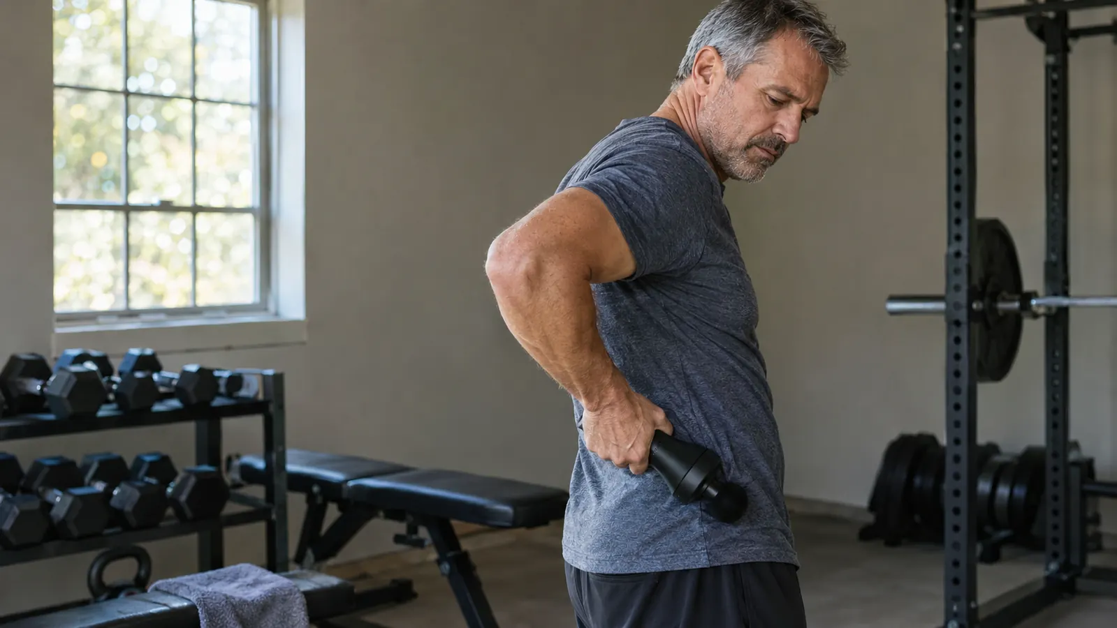 A man in his late fifties standing in a garage, using a massage gun on his lower back, afternoon light, simple home gym
