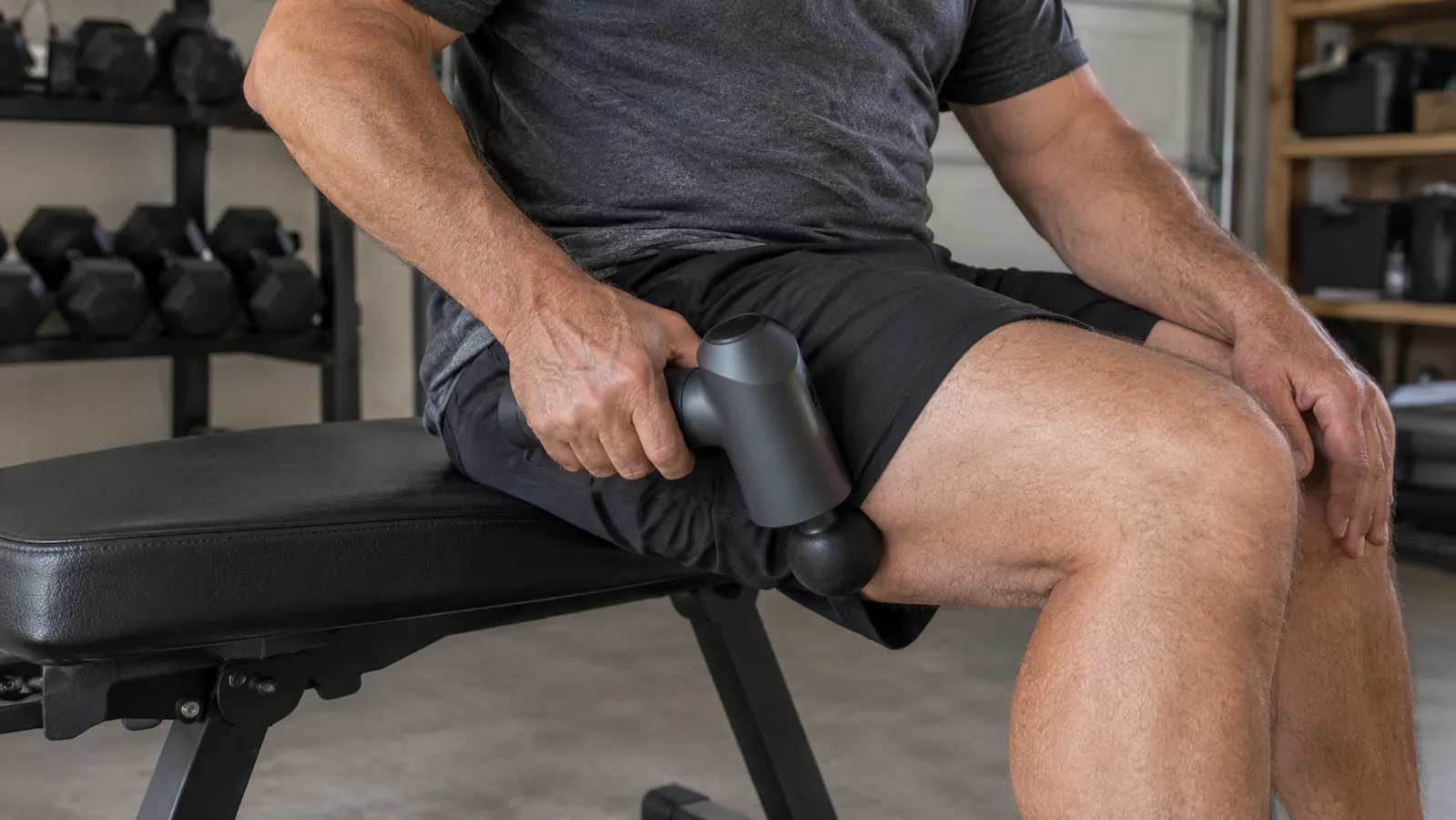 A hand holding a massage gun against the back of a thigh while the person sits on a bench in a garage gym