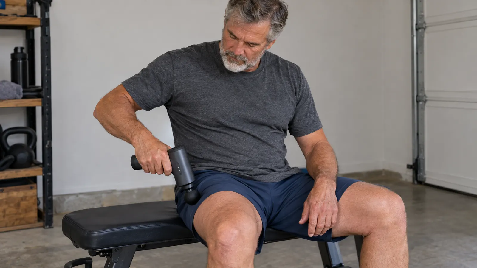 A man in his late fifties using a massage gun on his right quad while sitting on a bench