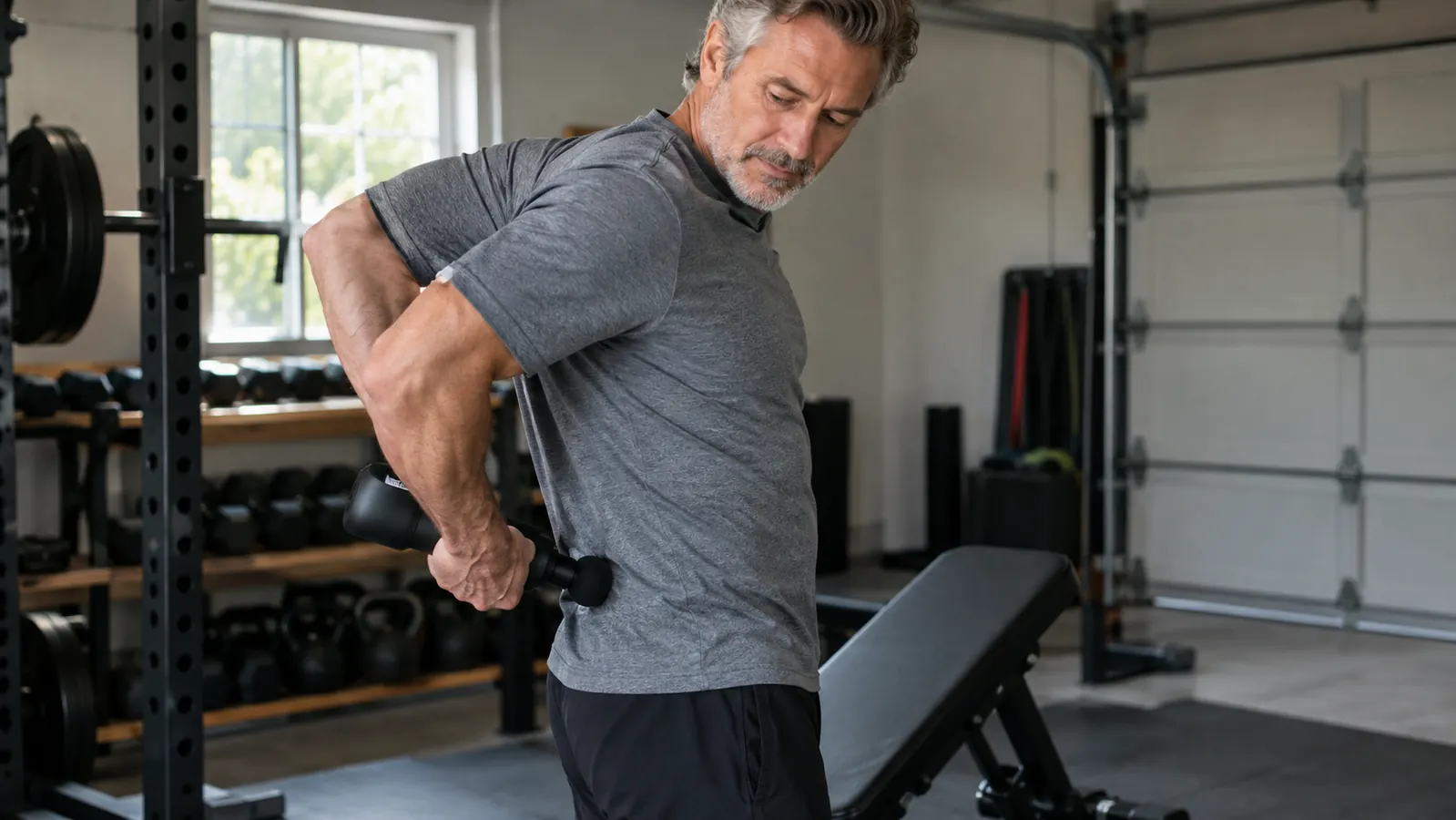 A man in his late fifties pressing a massage gun against his lower back beside a weight bench