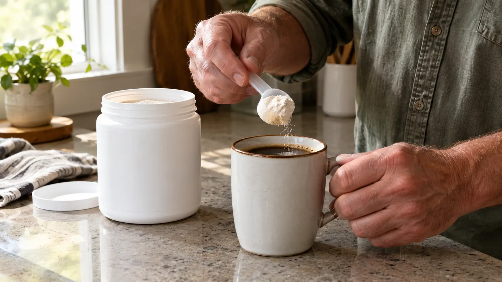 A hand holding a scoop of unflavored creatine powder over a mug of coffee on a kitchen counter.