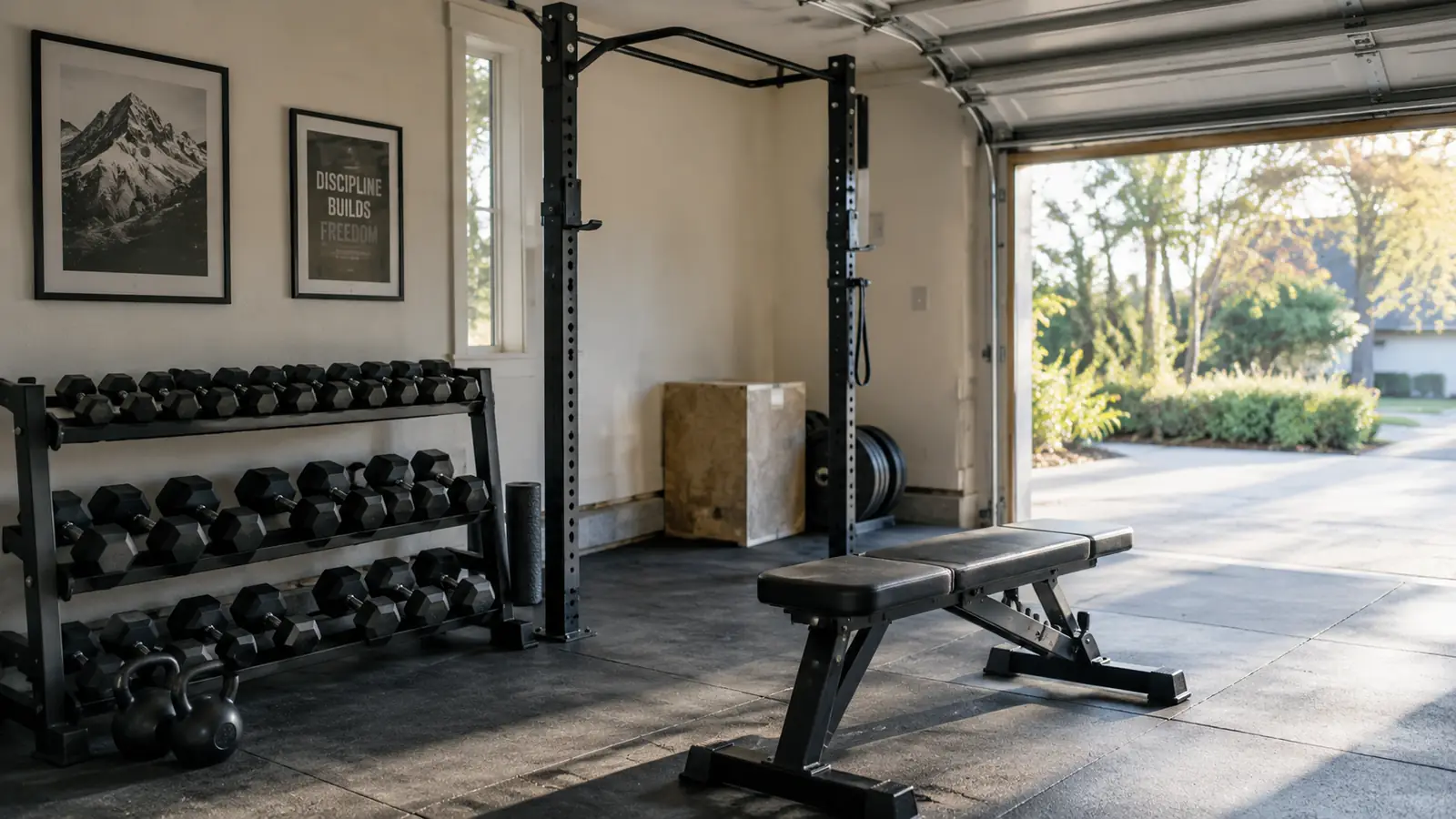 A tidy home garage gym with dumbbells on a rack, a weight bench, and a pull-up bar in morning light.