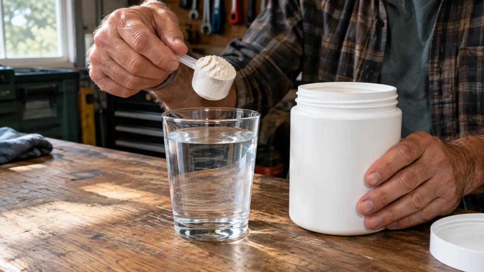 A hand scooping powder from a tub into a glass of water on a wooden workbench