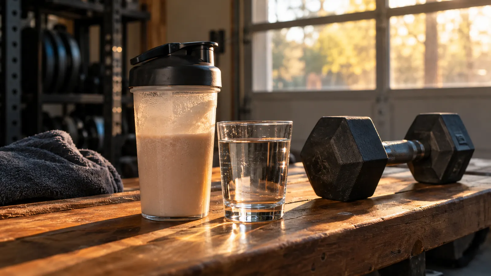 A shaker bottle and a glass of water on a wooden bench next to a dumbbell, late afternoon light