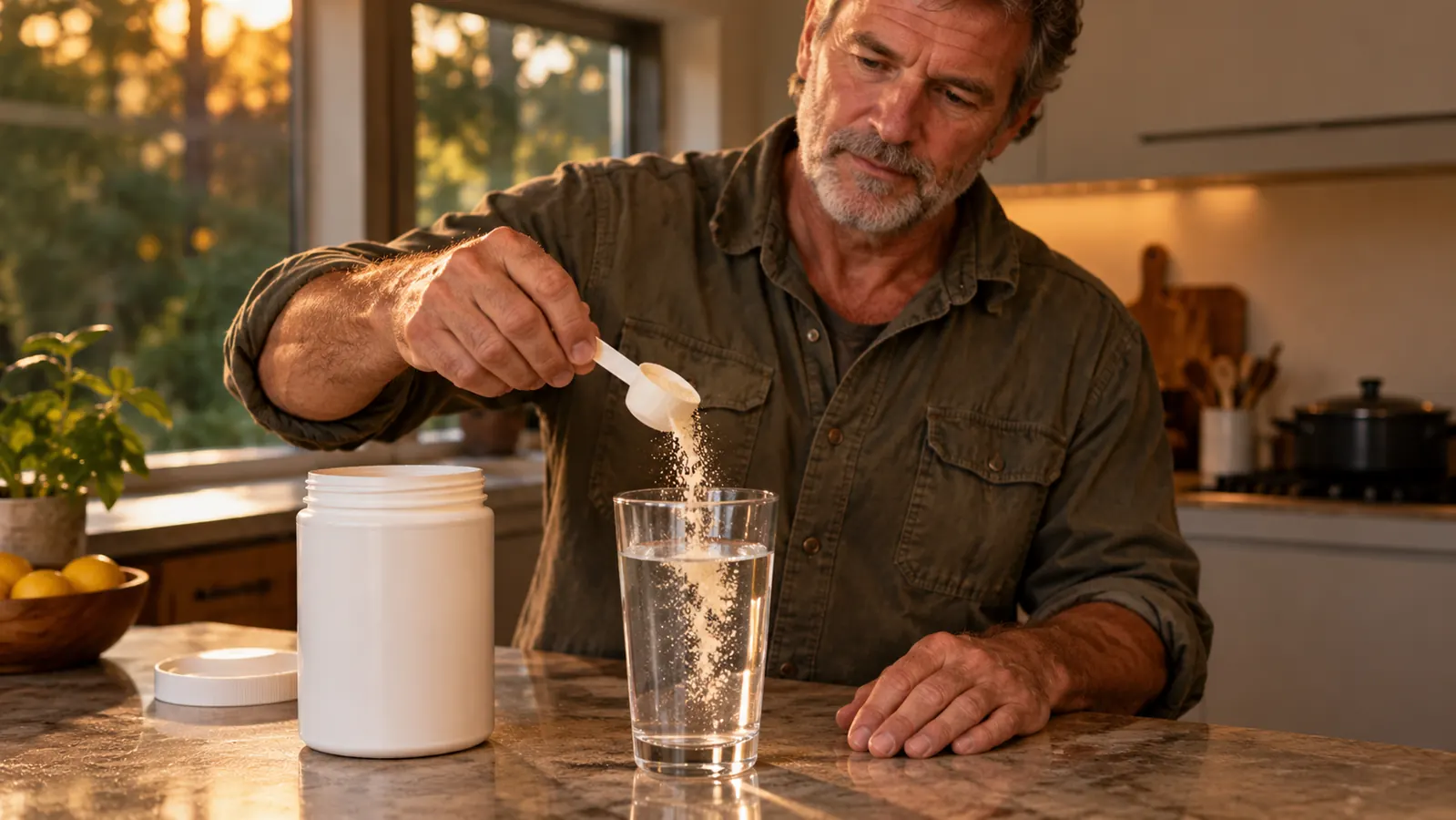 a hand leveling a scoop of powder over a glass of water on a kitchen counter