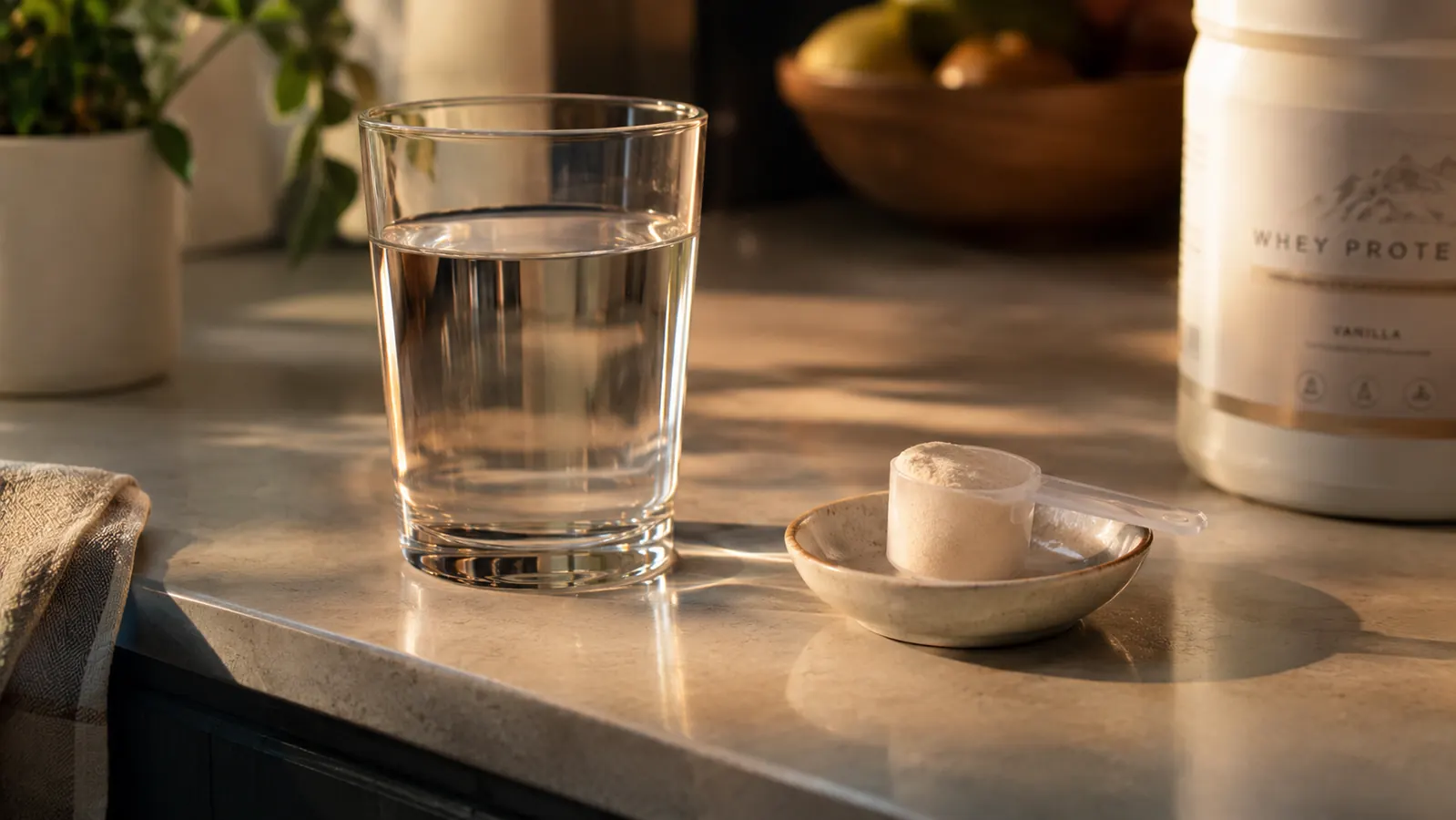 a glass of water and a scoop resting on a small dish on a kitchen counter in warm evening light