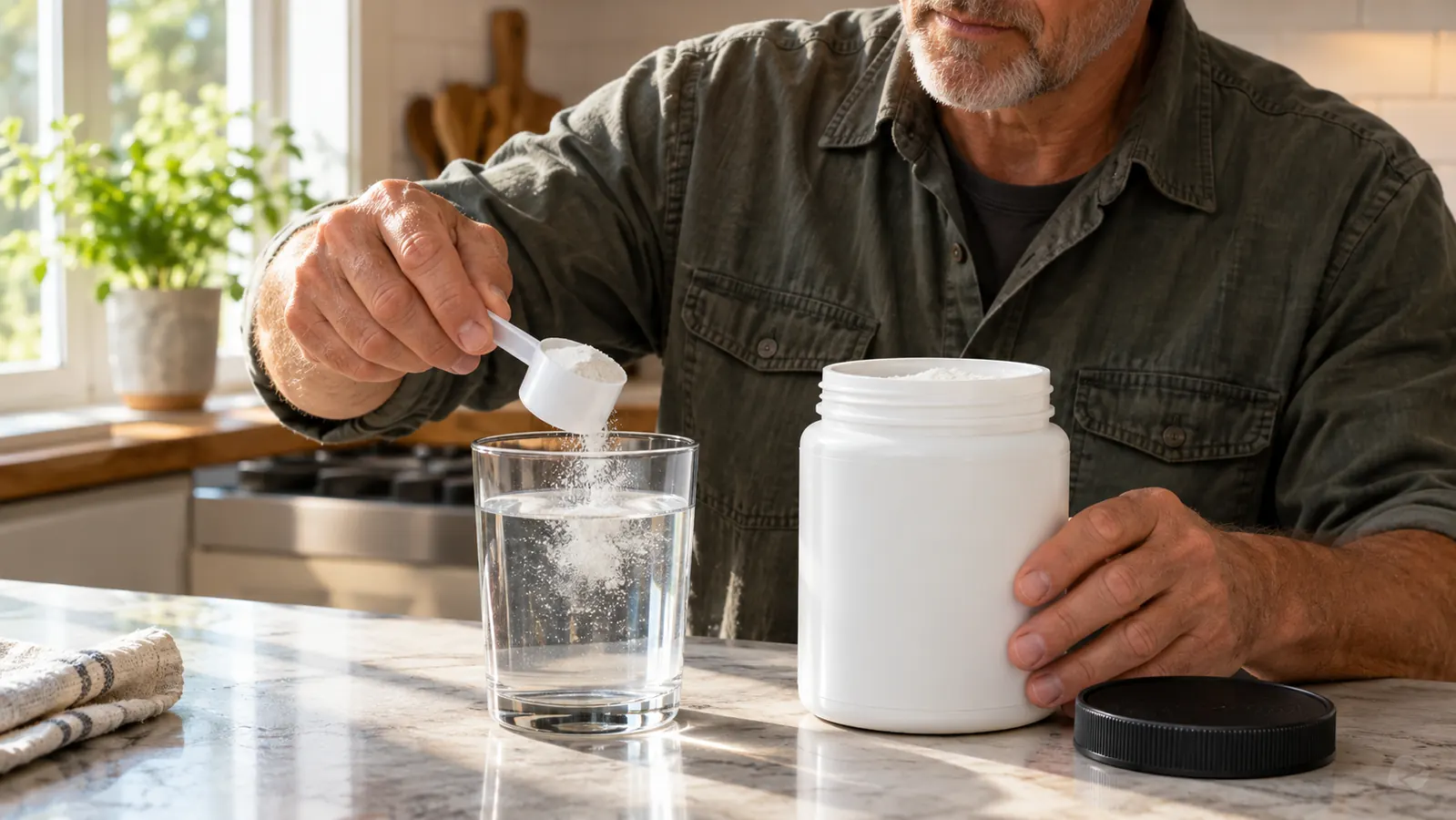 A hand scooping creatine powder from a tub into a glass of water on a kitchen counter