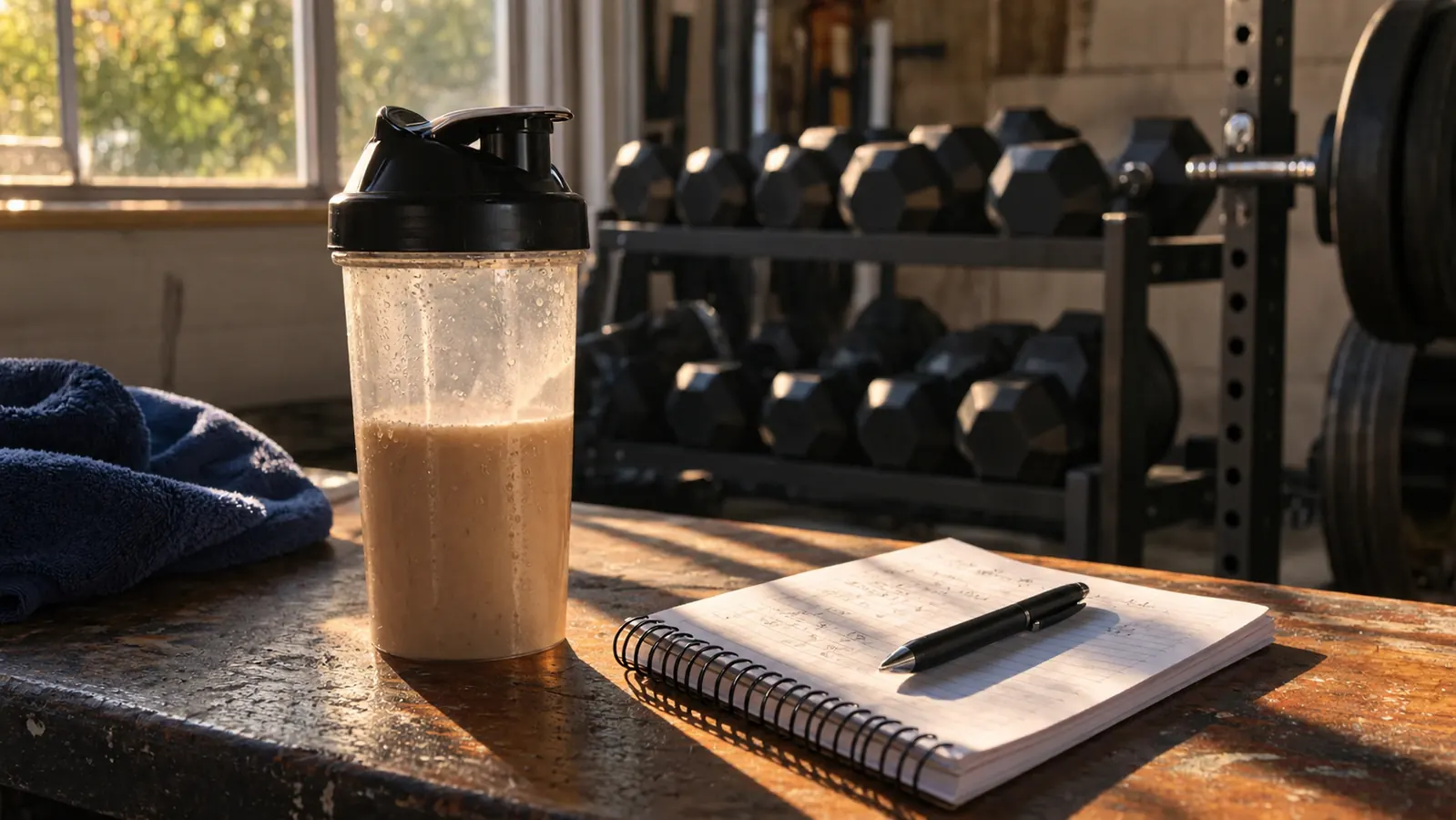 A shaker bottle and a spiral notebook on a workbench in a home garage gym