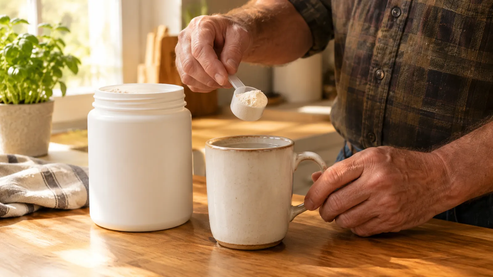 a hand scooping unflavored collagen powder into a mug on a kitchen counter