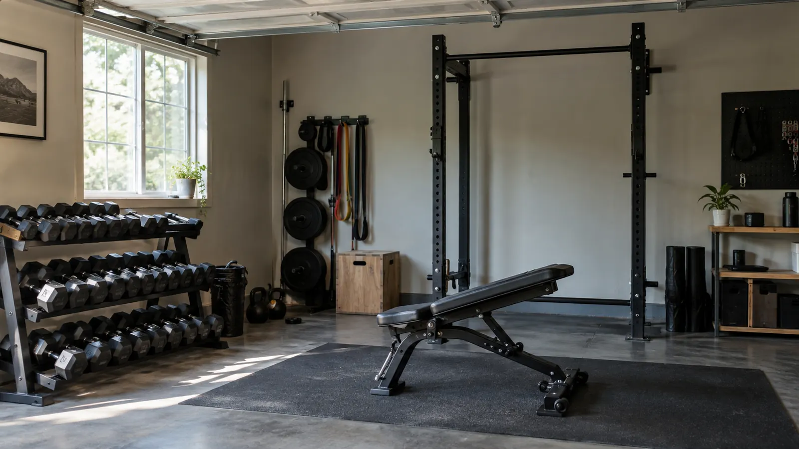 a tidy home garage gym with dumbbells on a bench and a pull-up bar in soft daylight