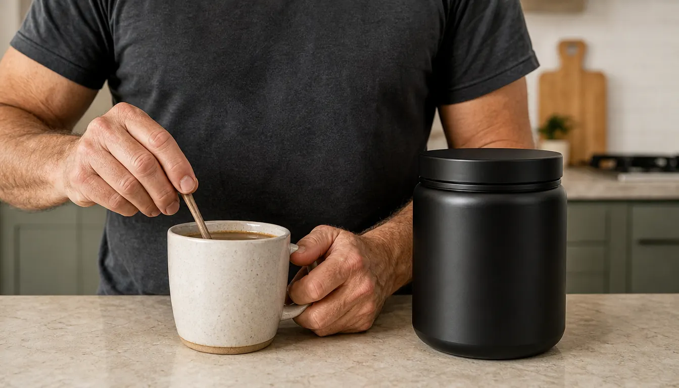 A hand stirring a scoop of powder into a mug of coffee on a kitchen counter, the tub of collagen peptides beside the mug