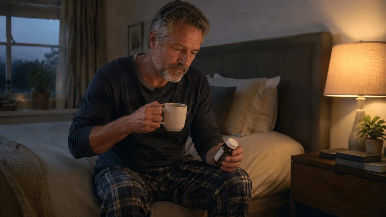 A man in his late fifties sitting on the edge of his bed in the evening, holding a mug of coffee and a small supplement bottle