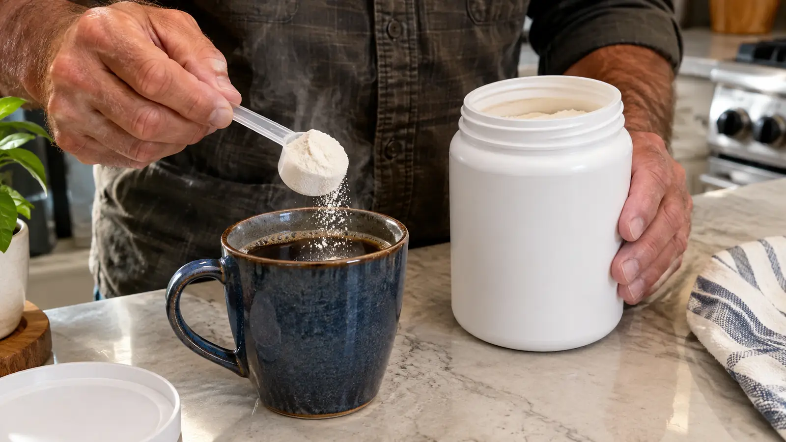 A hand scooping collagen peptides powder from a tub into a mug of coffee on a kitchen counter
