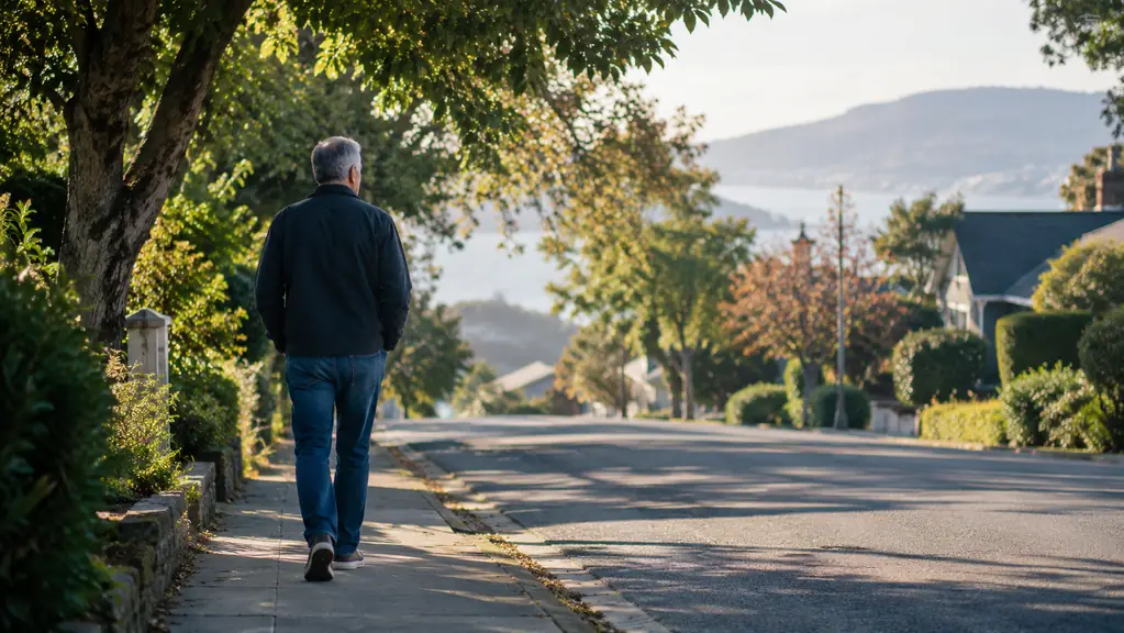 A man in his late fifties walking on a residential street with gentle hills in the morning light