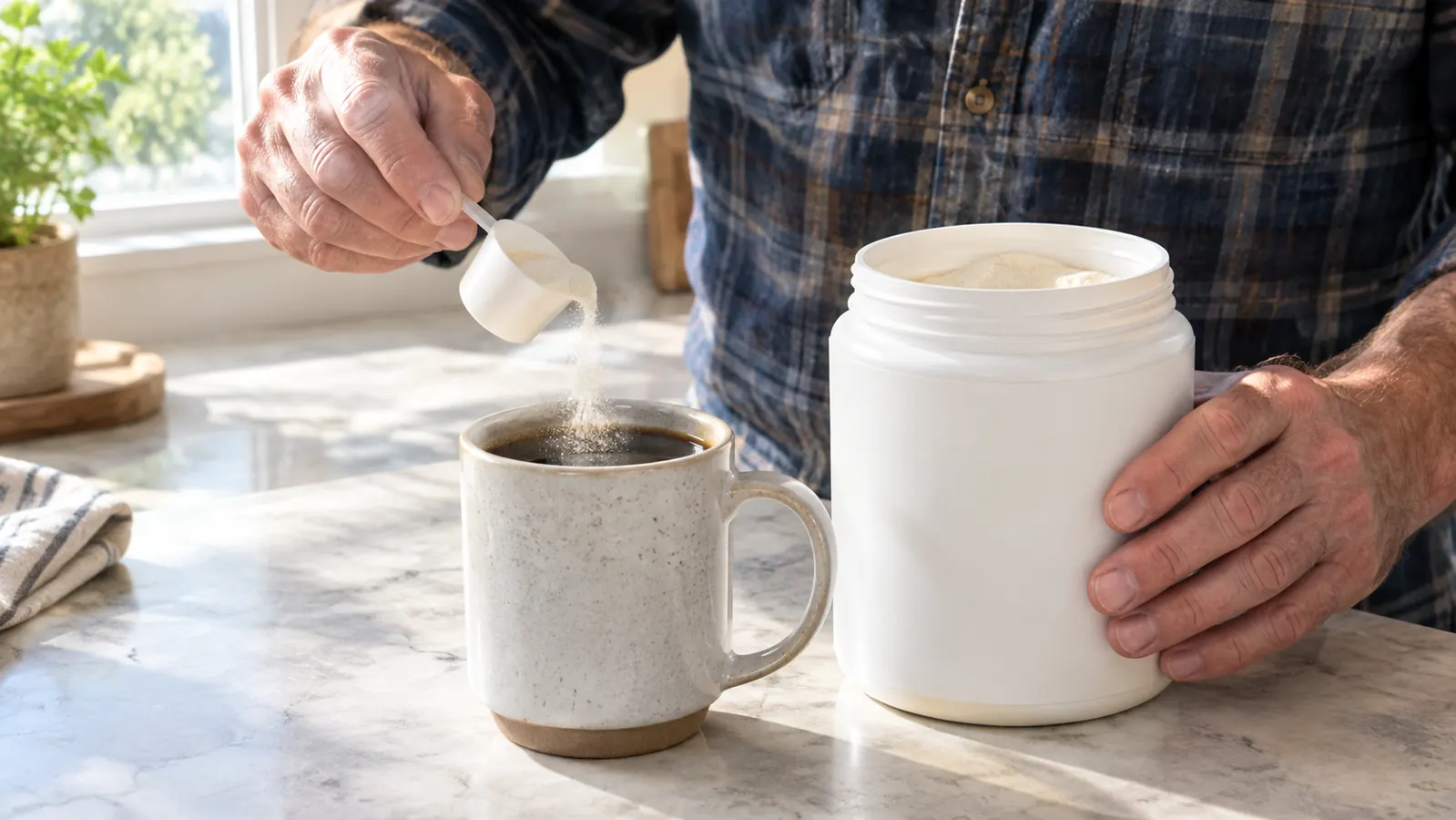 A hand scooping a spoonful of collagen powder from an open tub into a mug of coffee on a kitchen counter